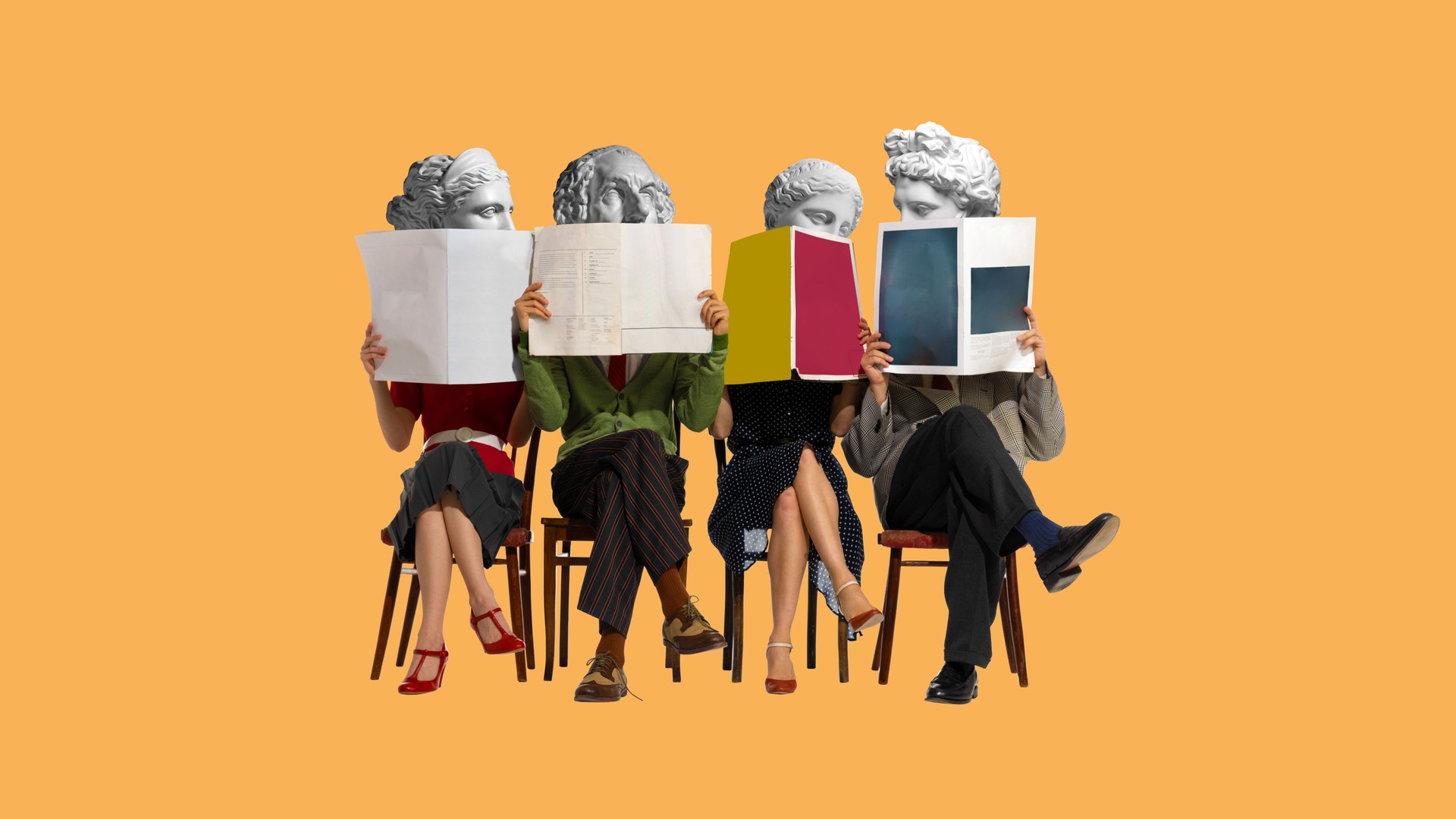 Pessoas, homens e mulheres com cabeça de estátua antiga sentados em cadeiras e lendo jornais, revistas. Colagem de arte contemporânea.